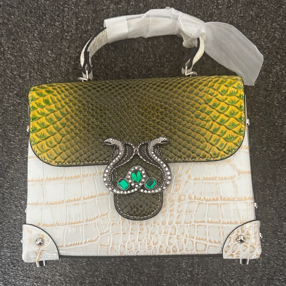 Fashion Croc-Embossed Top-Handle Bag with Green Snake-Scale Flap with belt